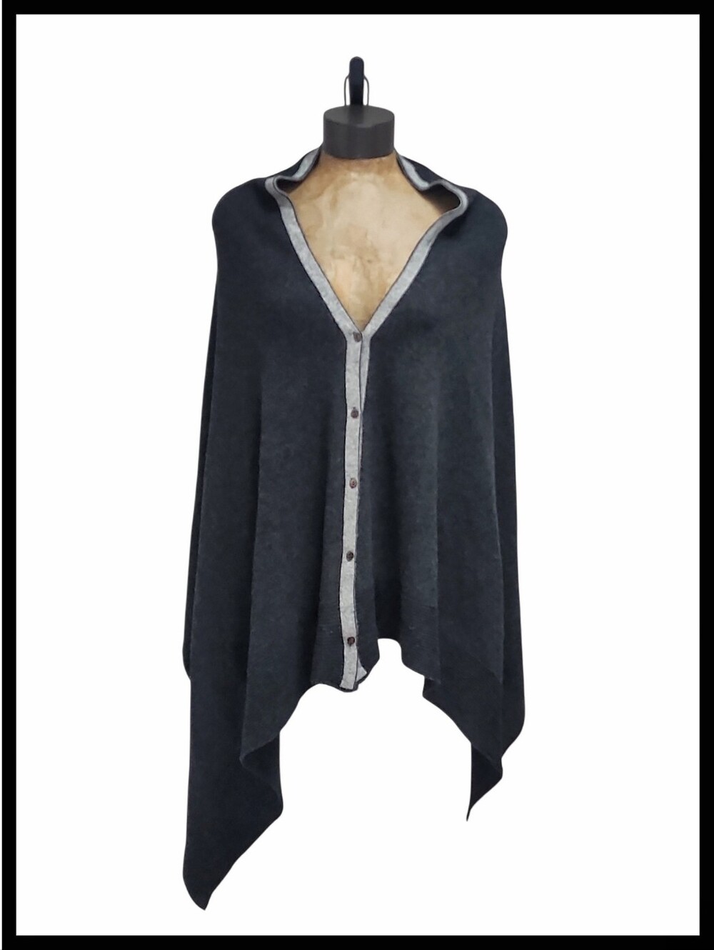 Vintage Avoca Cashmere Wool Blend Shawl Cover Vneck Button Down Charcoal Gray OS